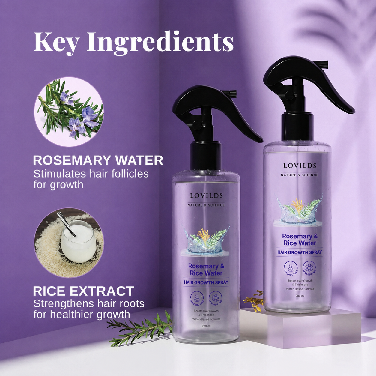 LOVILDS Rosemary Water and Rice Water |100% Natural Extract | Soft & Smooth Hair Non-Greasy & Fast Absorbing | 200 ml