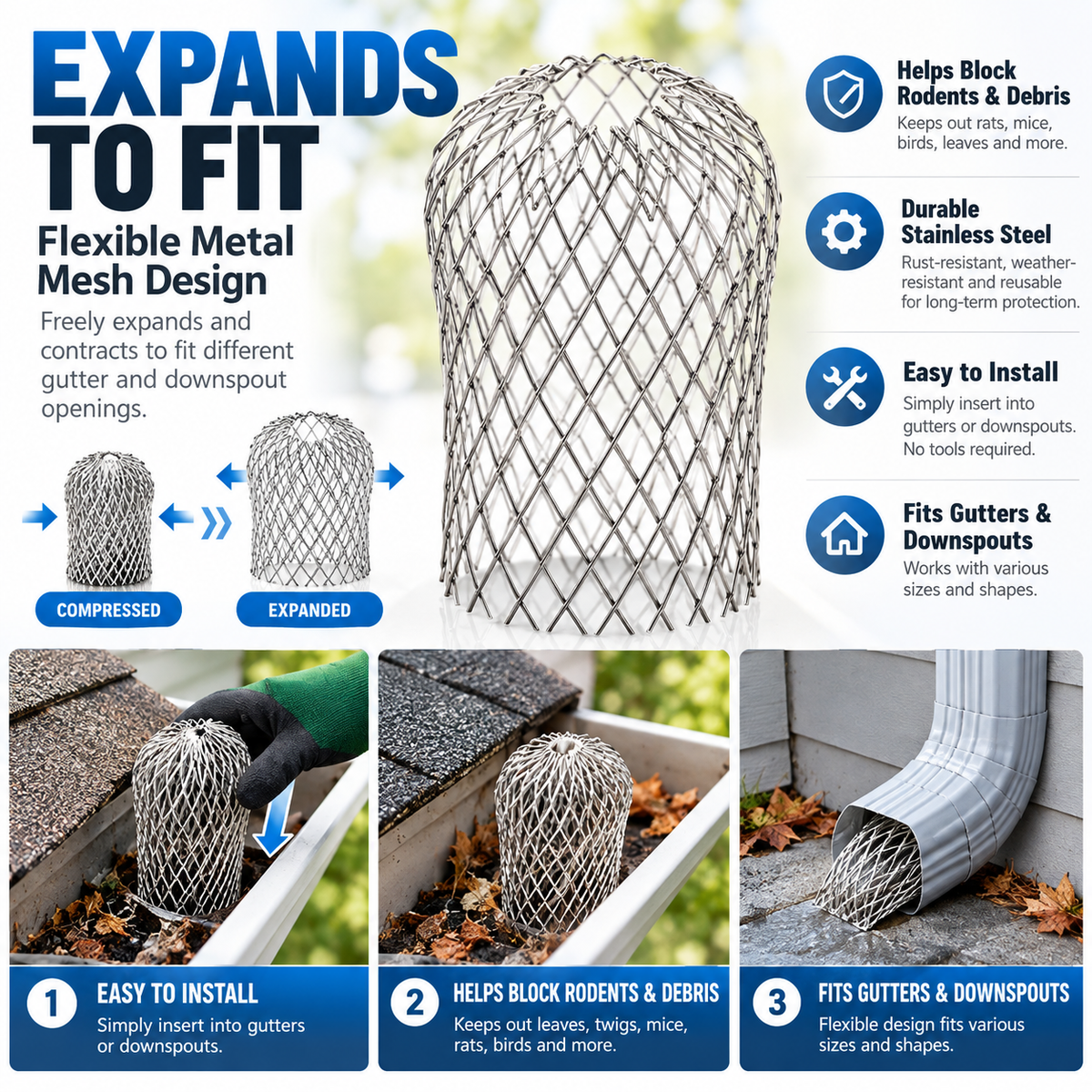Expandable Gutter Mesh Guard – Helps Block Rodents & Debris